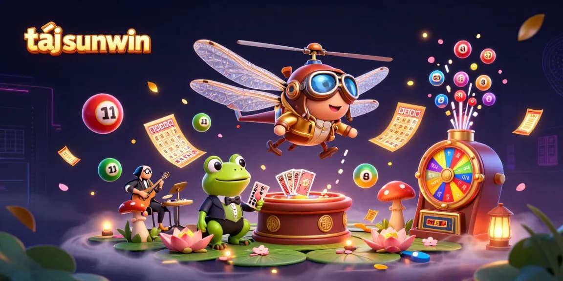 Play tải sunwin with dynamic lottery excitement at a vibrant lily pad casino illustrated scene.