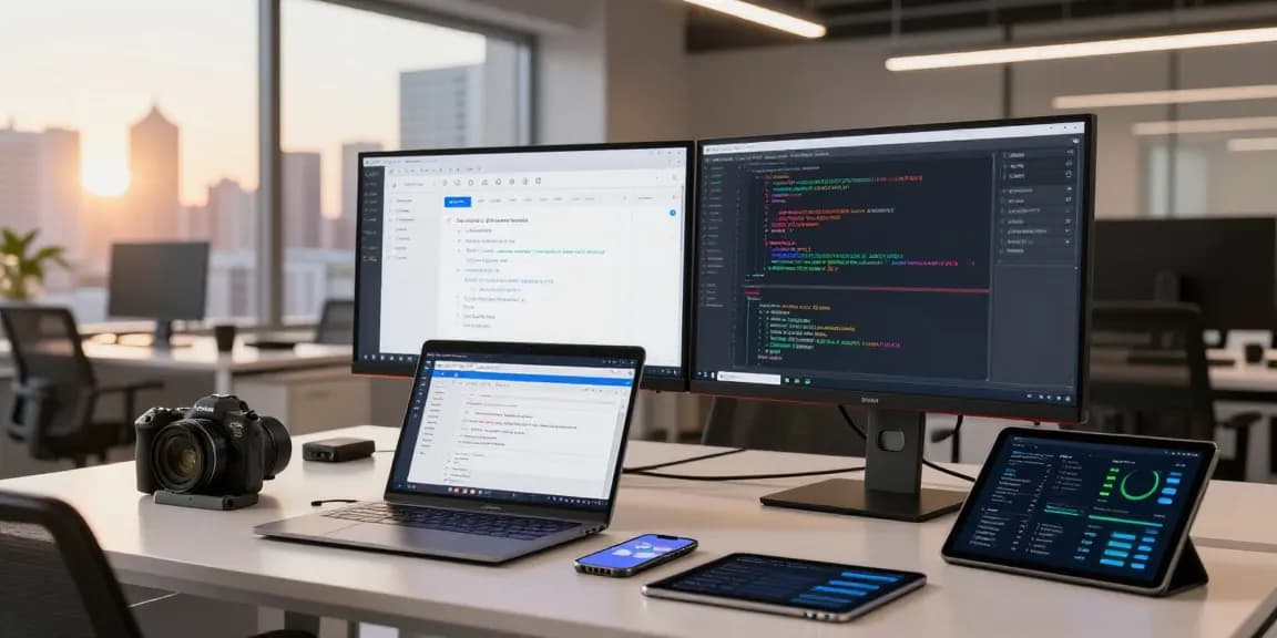 Developer using the ai image checker tool on dual monitors in a tech workspace.