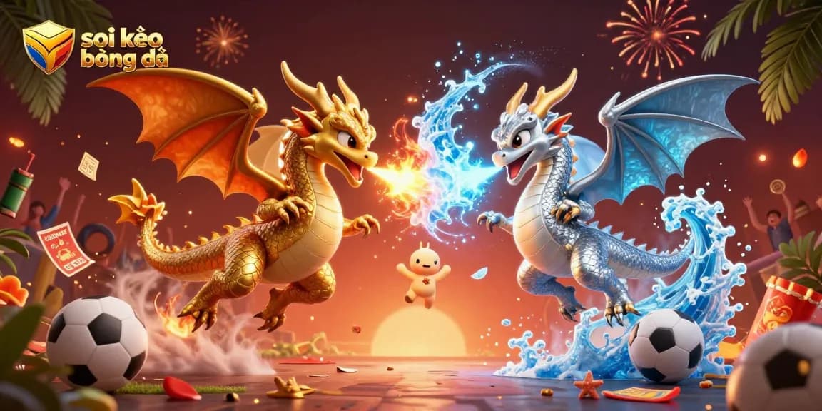 Soi kèo bóng đá highlights intense sports betting with dazzling dragons and thrilling action elements.
