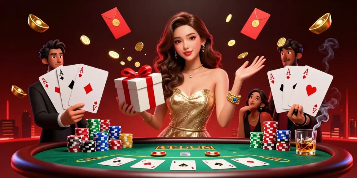 Experience mpo500 with a glamorous Asian woman celebrating casino wins amid golden coins and festive decorations.