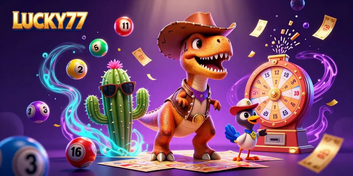 Experience thrilling LUCKY77 moments with T-Rex, cactus, and roadrunner in vibrant casino illustration.