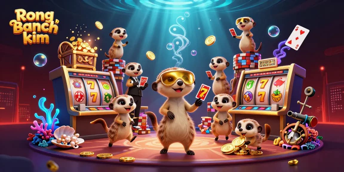 Rong bach kim showcases meerkats managing a vibrant casino, with dynamic slot machine action.