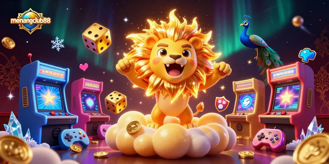 Join the fun of menangclub88 gaming with this vibrant 3D illustration featuring a sun lion and dice.