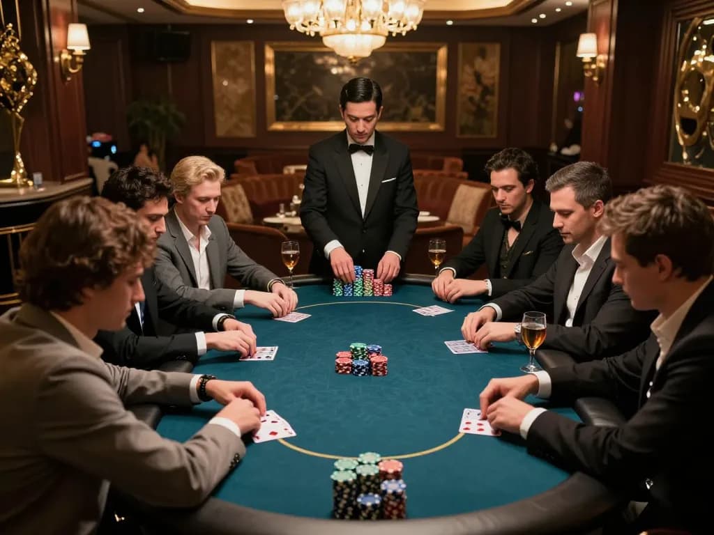 Engaged players in an upscale GG88 VIP poker game, showcasing high-stakes action and strategic decision-making.