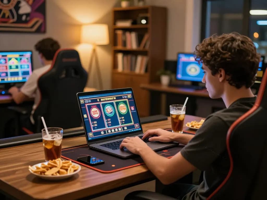 Experience live online gaming excitement with 888NEW in a cozy home setup, featuring poker and slots.