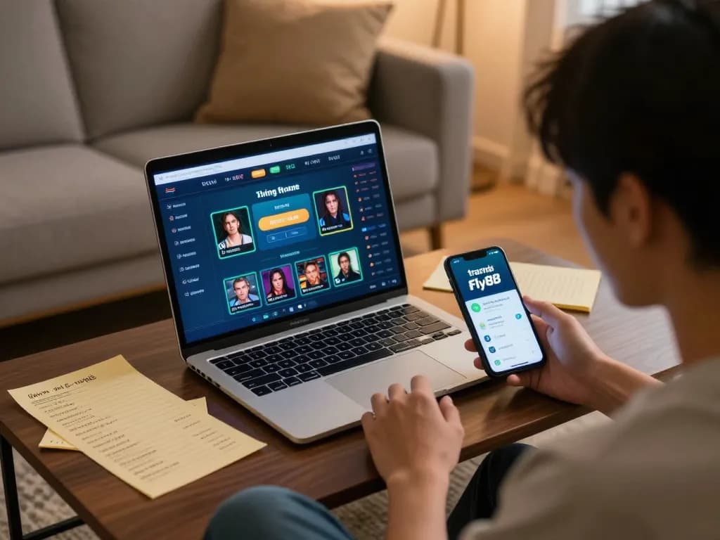 Engaging with the trang chủ fly88 betting app on a laptop, showcasing online gambling strategy.