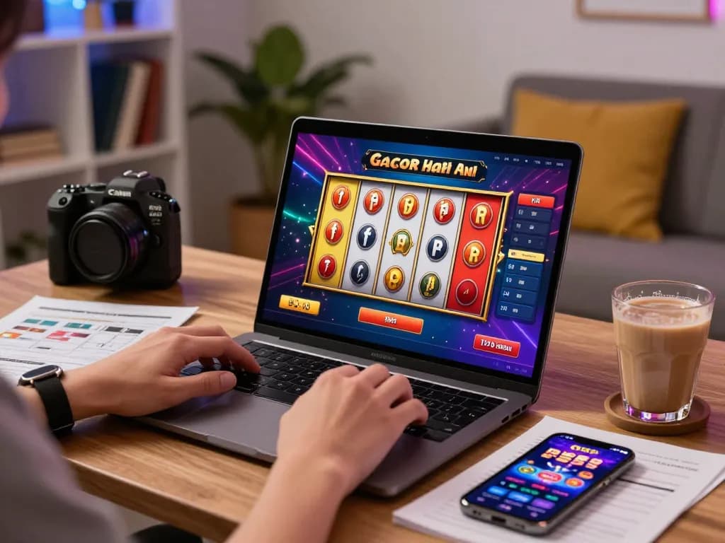 Engaging online gaming atmosphere showing slot gacor hari ini on laptop with cozy decor and strategy materials.