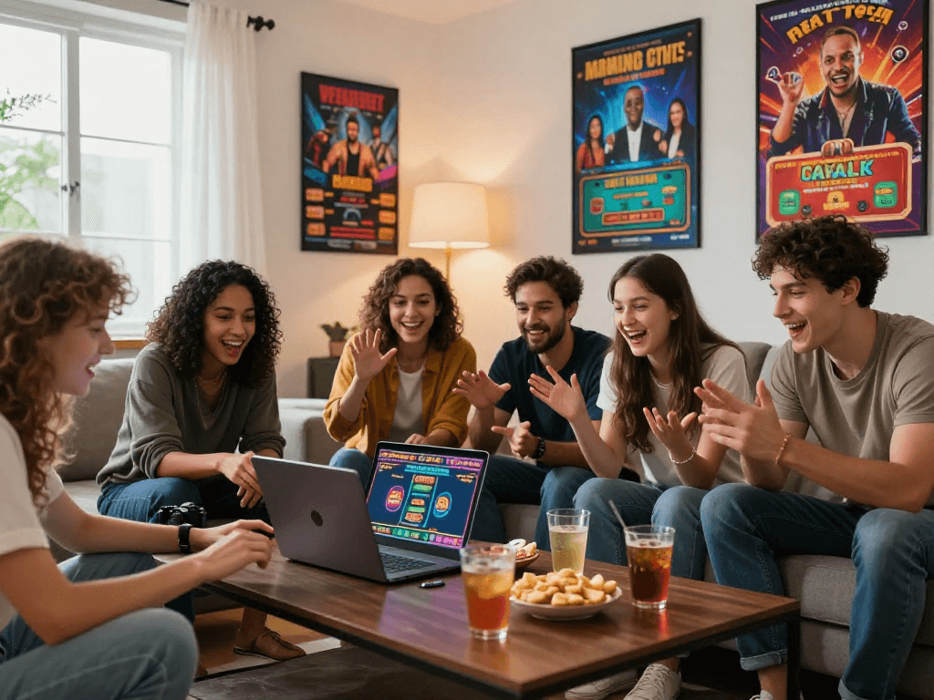 Exciting group of friends enjoying the raja328 link gaming experience in a modern living room.