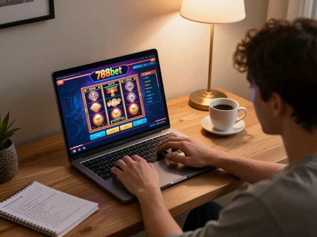 Gamer enjoying 788bet online casino games on a laptop while seated at a cozy home office.