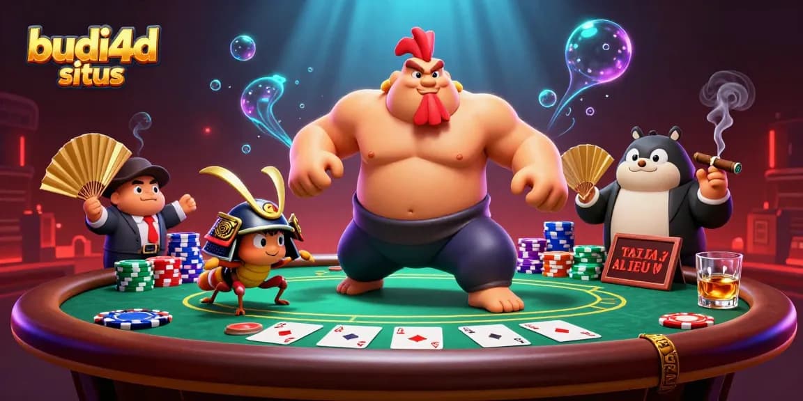 Budi4d situs showcases a vibrant scene of characters engaging at a poker table, radiating action and excitement.