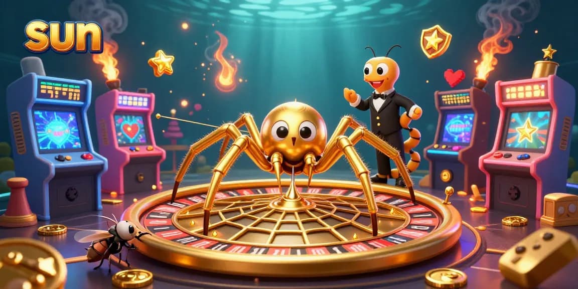 Bet and win with the sun at a vibrant casino scene featuring a golden spider and centipede.
