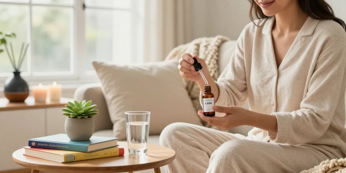 Woman measuring cbd oil in canada at home, promoting relaxation and wellness.
