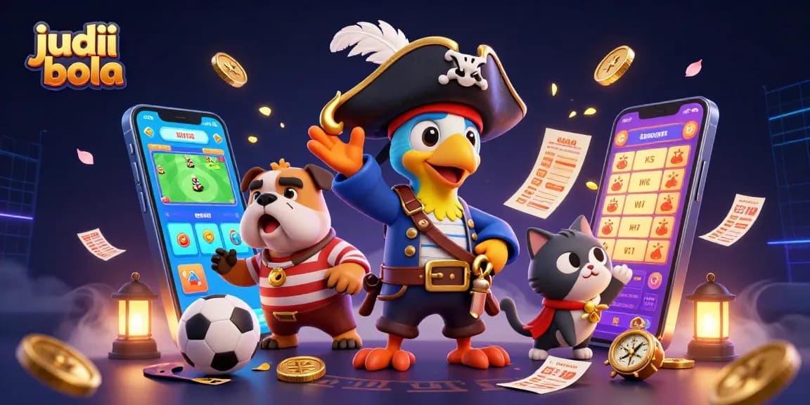 Experience thrilling judi bola action with colorful sports betting scenes featuring a pirate captain, bulldog, and cat.