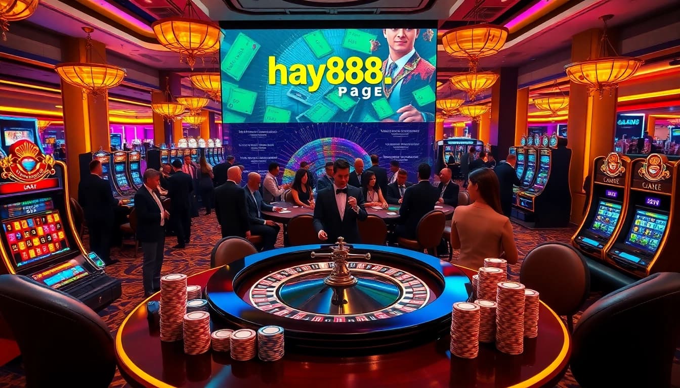 Gambling excitement at hay88.page with luxurious casino atmosphere, roulette, and slot machines.