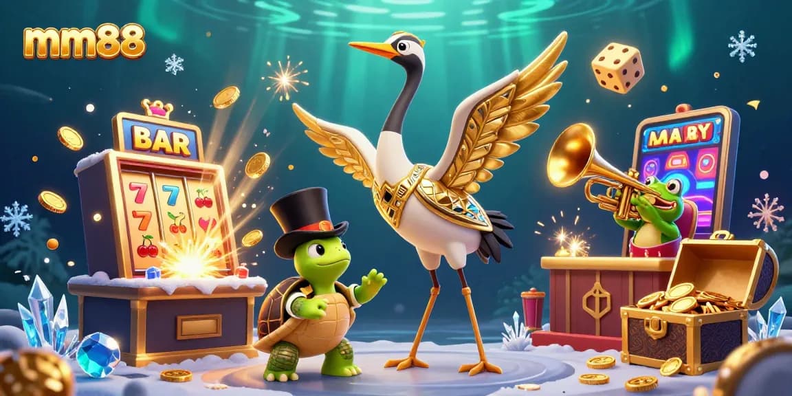 Experience thrilling jackpots and bonuses with mm88 at this lively 3D casino scene illustration.