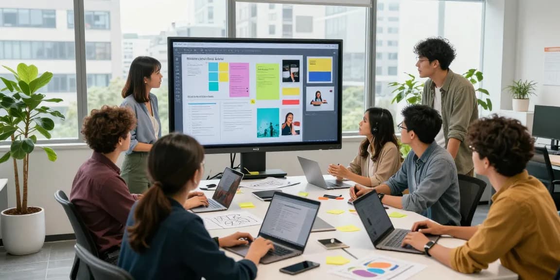 Collaboration session using mixboard ai with diverse team brainstorming ideas on a digital touchscreen in a vibrant office