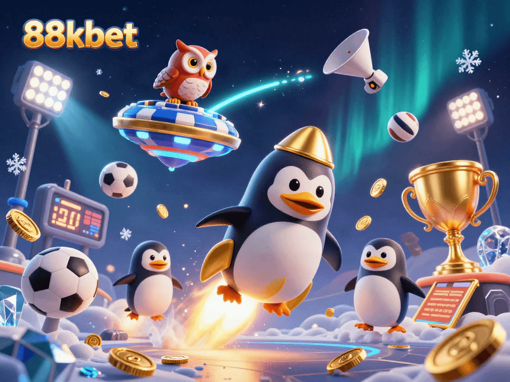 Betting on excitement with 88kbet, a golden penguin approaching a casino space station.