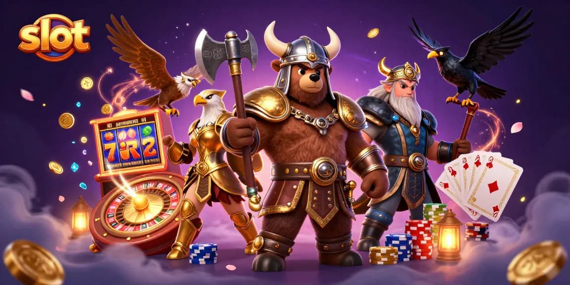Spin the slot reels with Viking bear and Valkyrie eagle, surrounded by casino action