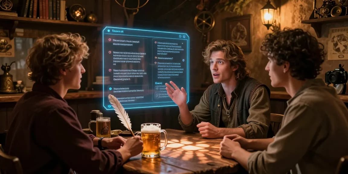 A user engages with Tavern AI in a cozy tavern setting, exploring character customization and storytelling options.