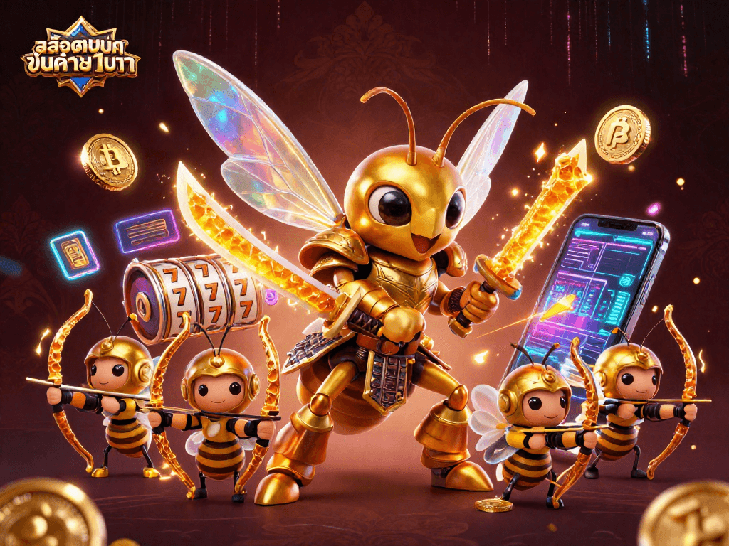 Experience excitement with สล็อตฝากขั้นต่ำ1บาท through a captivating 3D casino scene featuring dynamic slot reels and cryptocurrency.