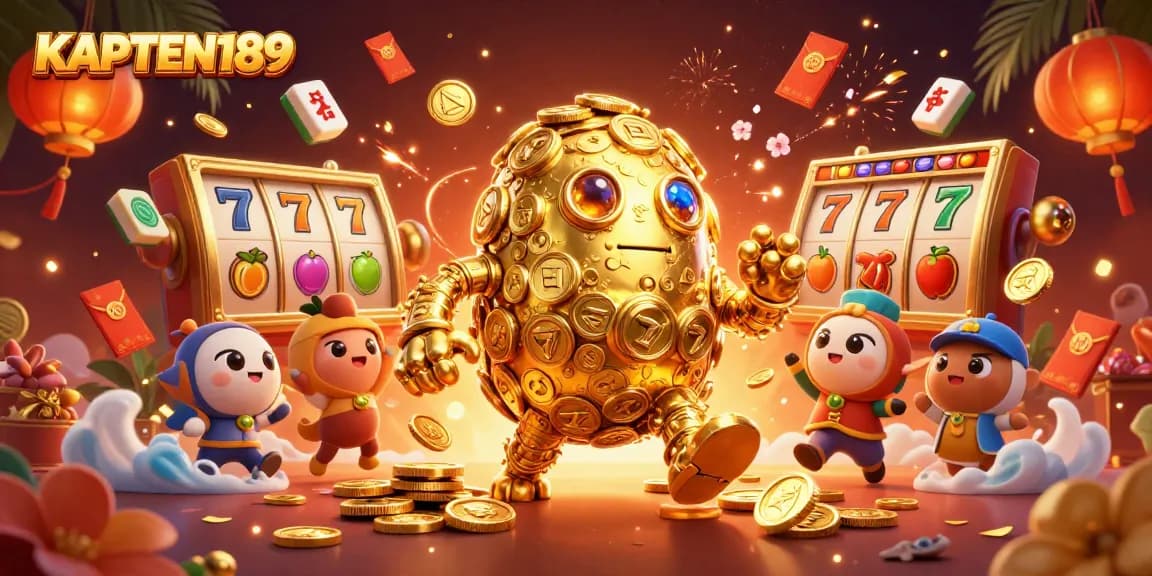KAPTEN189 menghadirkan ilustrasi kasino yang dinamis dengan simbol mesin slot dan emas berkilau.