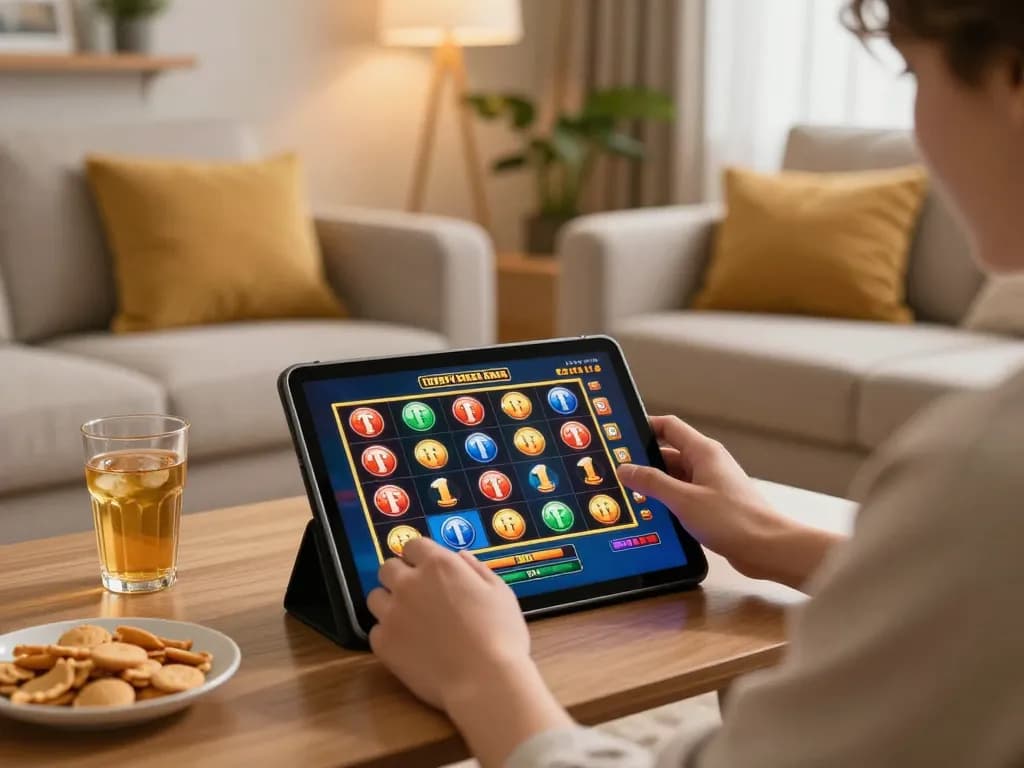 Player enjoying slot bet 200 perak on a tablet in a cozy home setting, showcasing modern gaming.