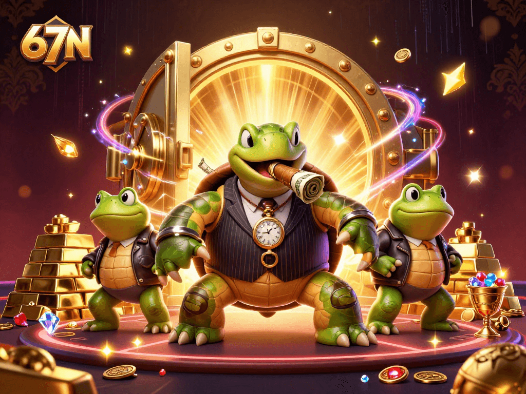 67N oferece uma ilustração 3D vibrante com personagens de cassino em cena animada.