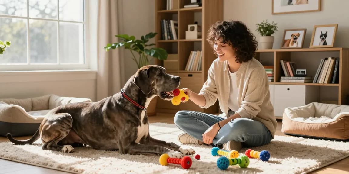 Engaging dog owner playing with their Great Dane in a cozy living room; click here to discover pet care tips.