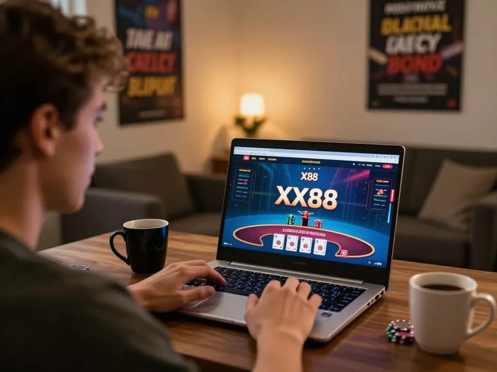 Player engaged in XX88 online casino game on laptop, showcasing strategic moments in a cozy home setting