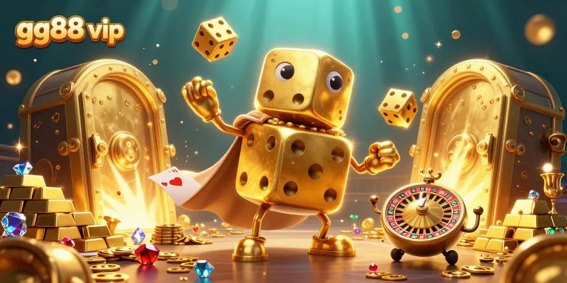 Spin and win with gg88 vip in this vibrant casino illustration with golden treasures and characters.