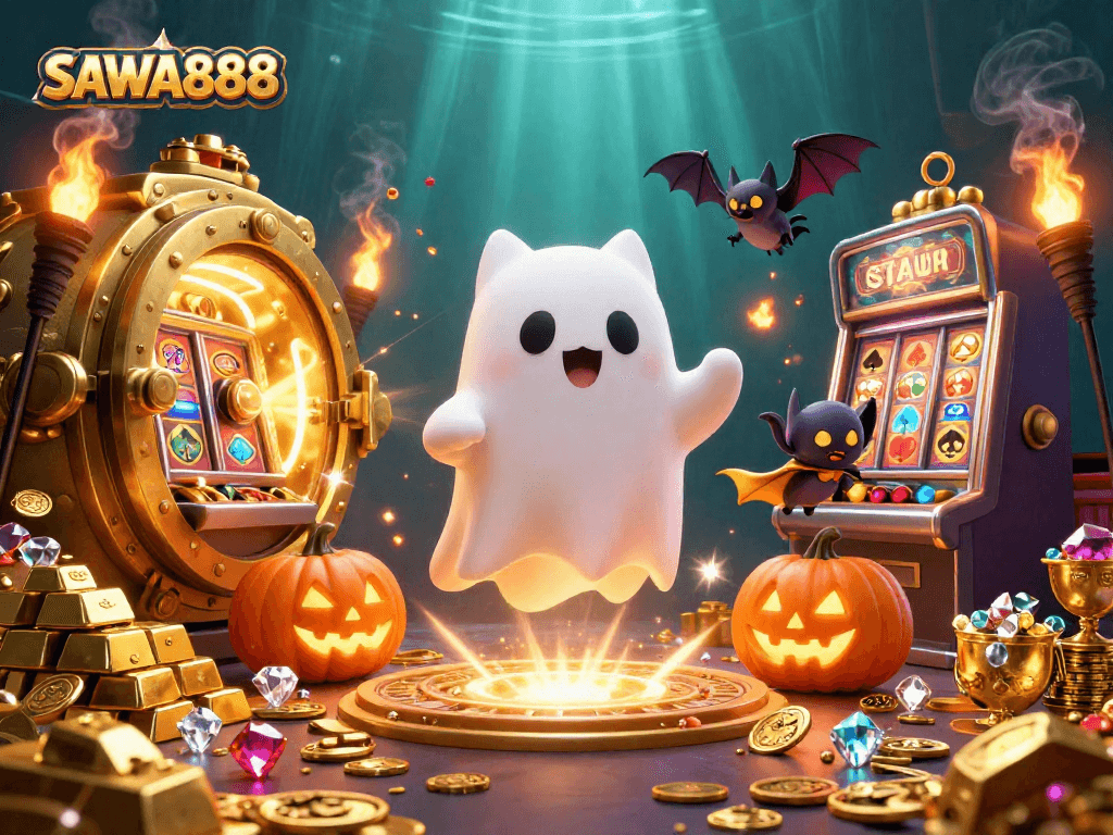 Engage with SAWA888 at a lively casino featuring a ghost cat and a bat, showcasing thrilling gameplay