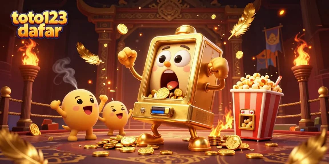 Toto123 daftar features a golden slot machine hitting a jackpot amidst coins and cheering baby slots.