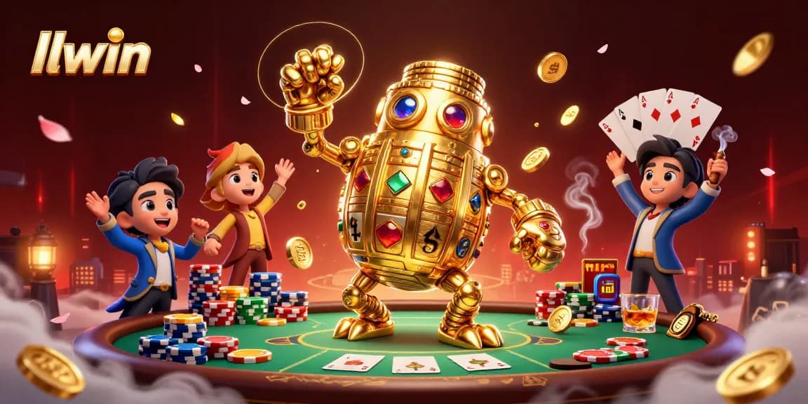 Experience thrilling wins at llwin with golden golem and poker elements in this dynamic casino scene.
