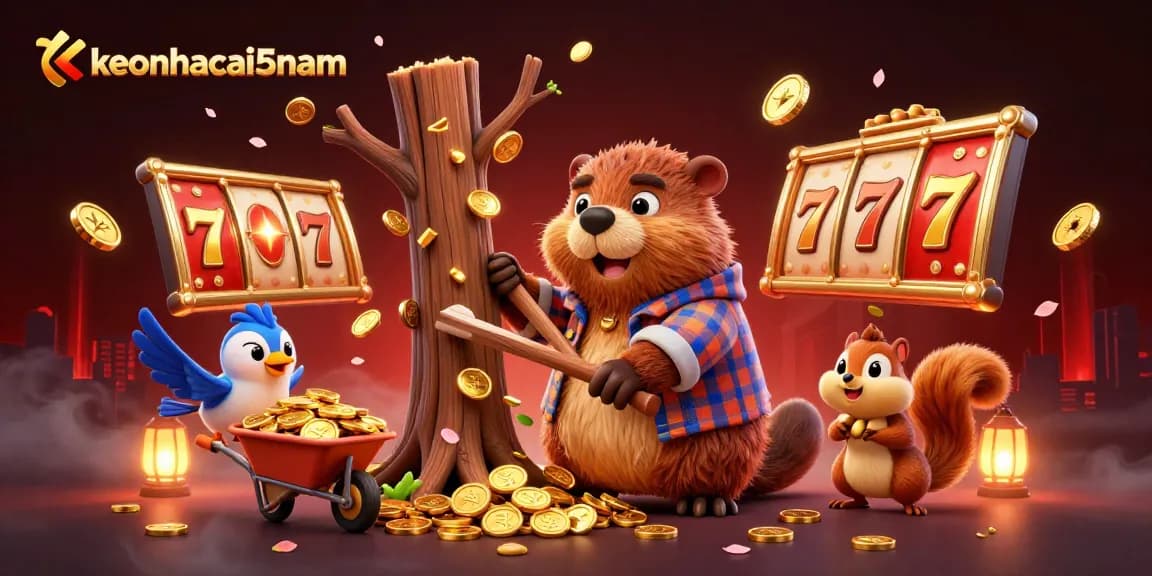 Spinning slot reels and vibrant jackpots create excitement in keonhacai5nam's dynamic 3D casino scene.