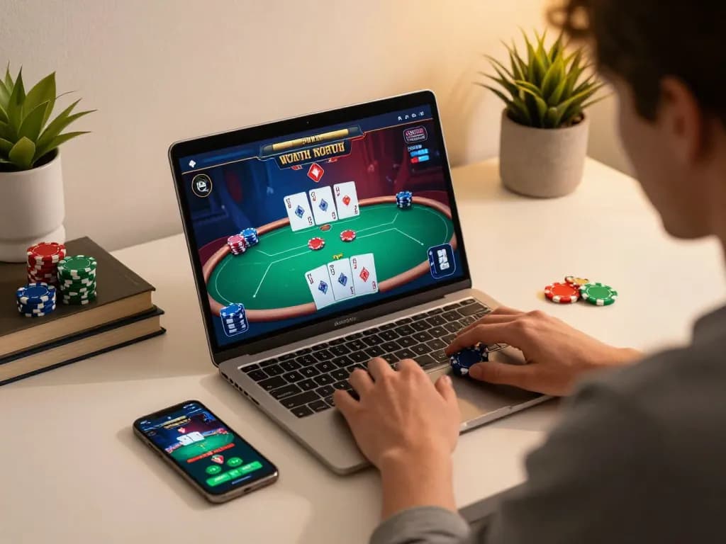 Engaging online poker experience with rikvip on laptop, showcasing strategic gaming moments.