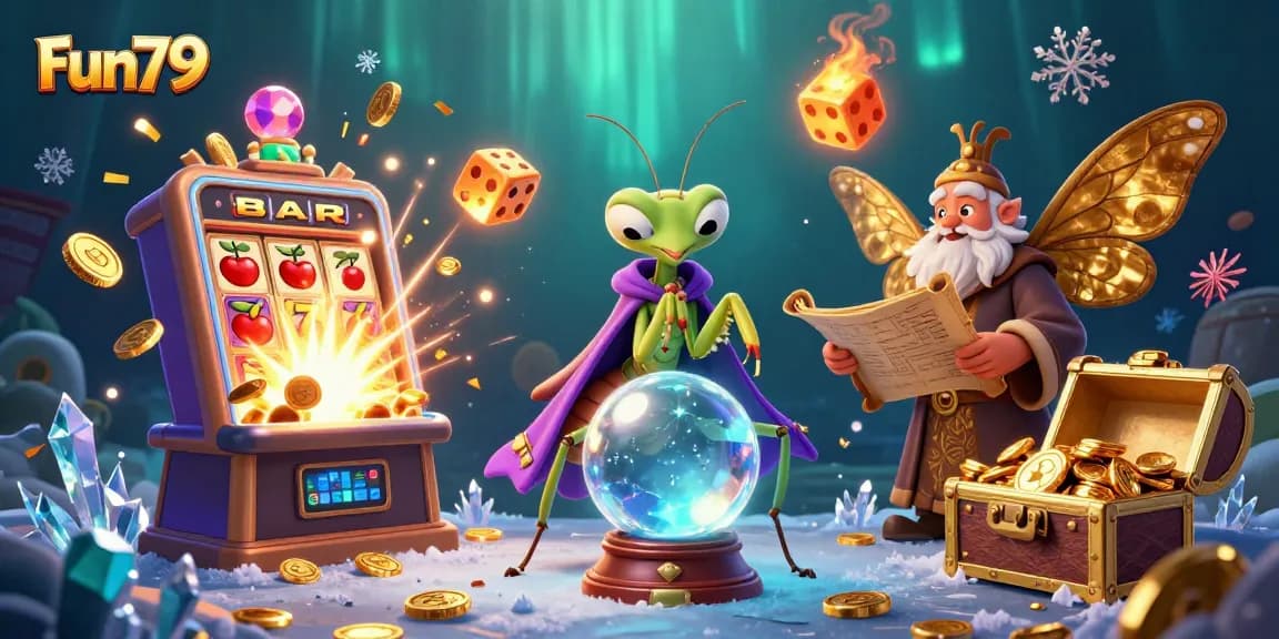 Play slots at Fun79 with a 3D cartoon scene of fortune tellers, coins, and jackpot excitement!