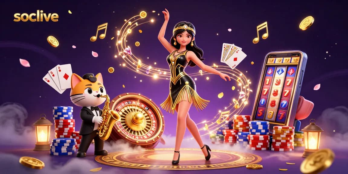 Socolive showcases a vibrant 3D scene of casino excitement, highlighting lively characters and rich gambling elements.