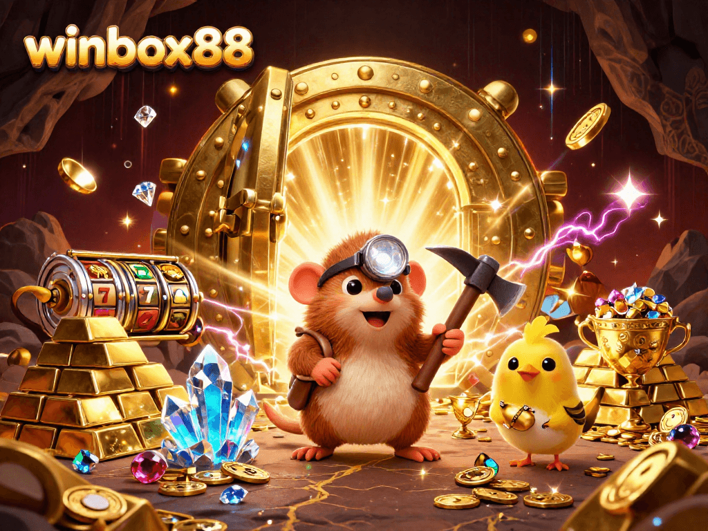 Join the excitement at winbox88 with a treasure-hunting mole and dazzling slots in a 3D casino scene.