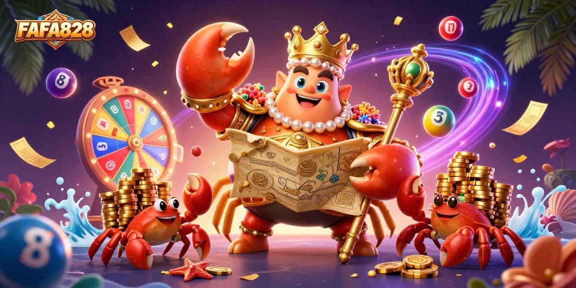 Engage with FAFA828 through exciting lottery games featuring a golden crab emperor and vibrant elements.