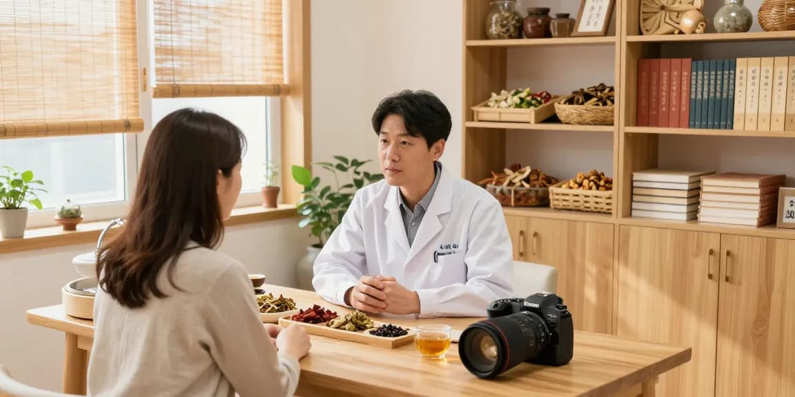 Consultation at 수원한의원 with herbalist discussing personalized treatments in a calming environment.