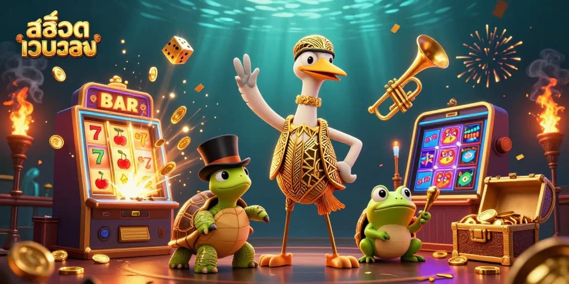 Experience the excitement of สล็อตเว็บตรง as characters celebrate around slot machines, coins and symbols bursting forth.