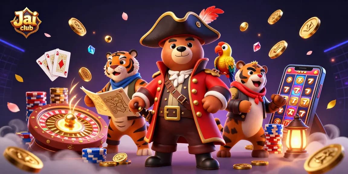 Experience thrilling gameplay on Jai club with a pirate captain, tiger, and treasures in this vibrant illustration.
