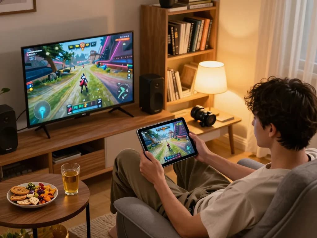 Engaging gameplay of nsfw games on a tablet in a cozy home environment, highlighting a relaxed gaming atmosphere.
