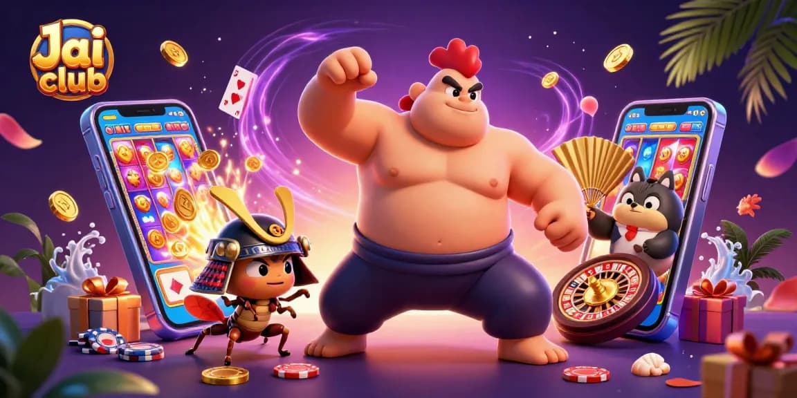 Experience the thrill of Jai club with an engaging 3D illustration of a roaring sumo rooster amidst exciting gaming elements.