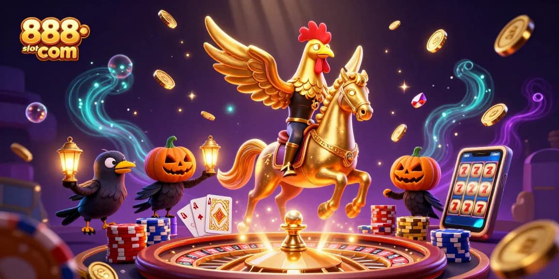 Win big with 888slot com in a rich 3D casino illustration featuring golden rooster characters.