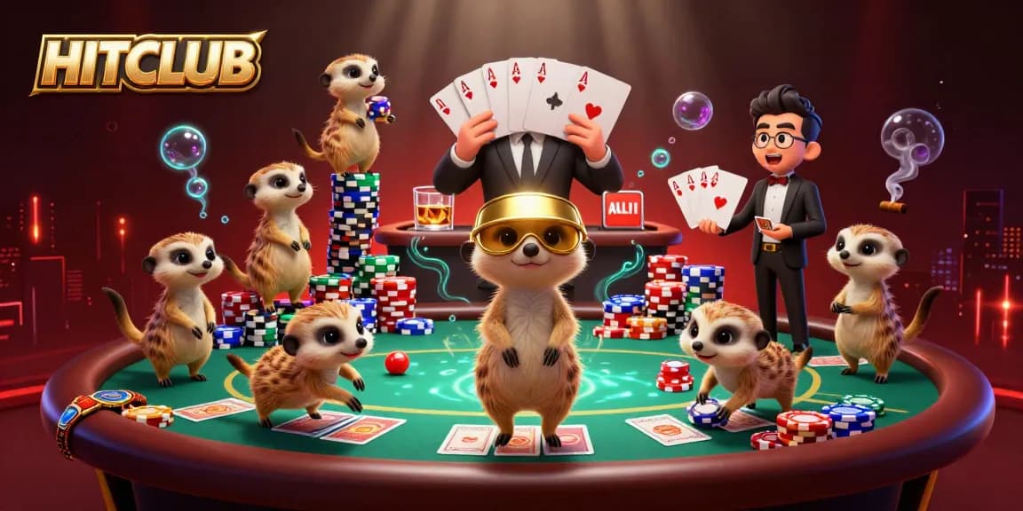 Experience the excitement of HITCLUB with meerkats managing a lively casino scene filled with vibrant poker elements.