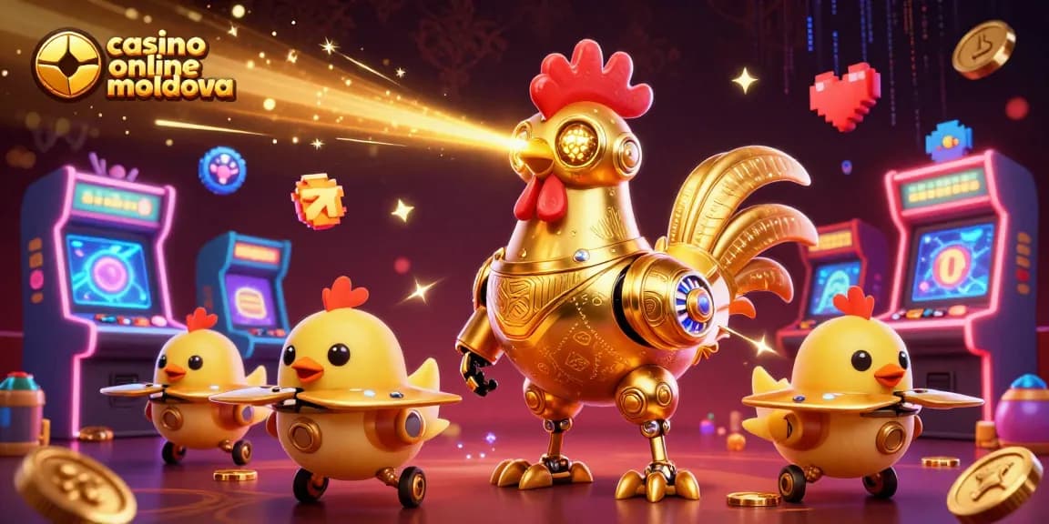 Sloturi online captivante pe casino online moldova cu un roboțel retro-futuristic, plin de culoare.