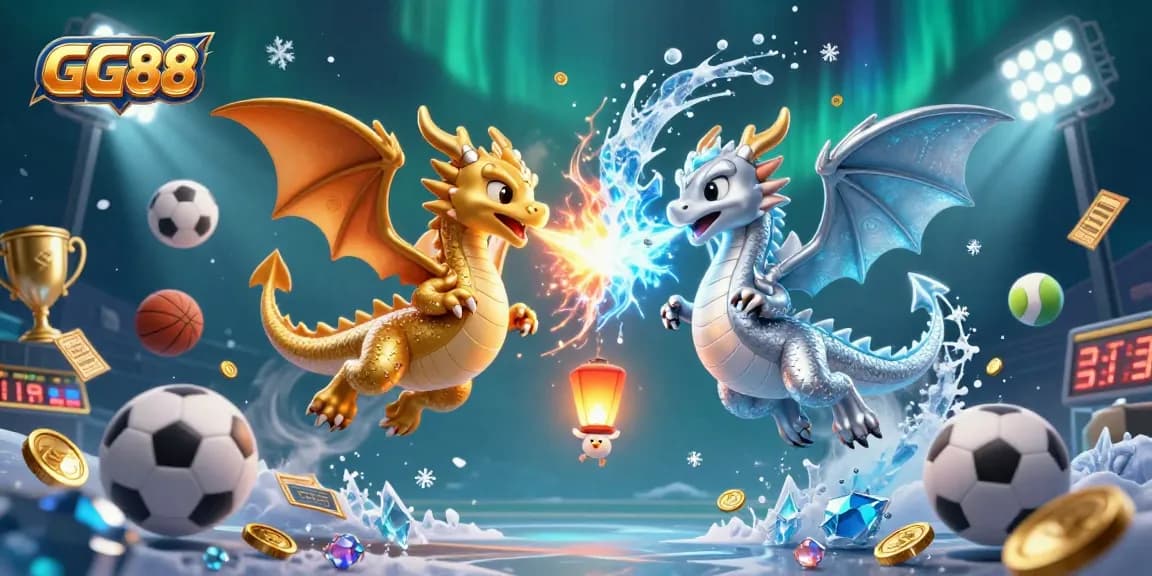 Engage with GG88's dynamic gaming world featuring golden and silver dragons amidst exciting sports betting elements.