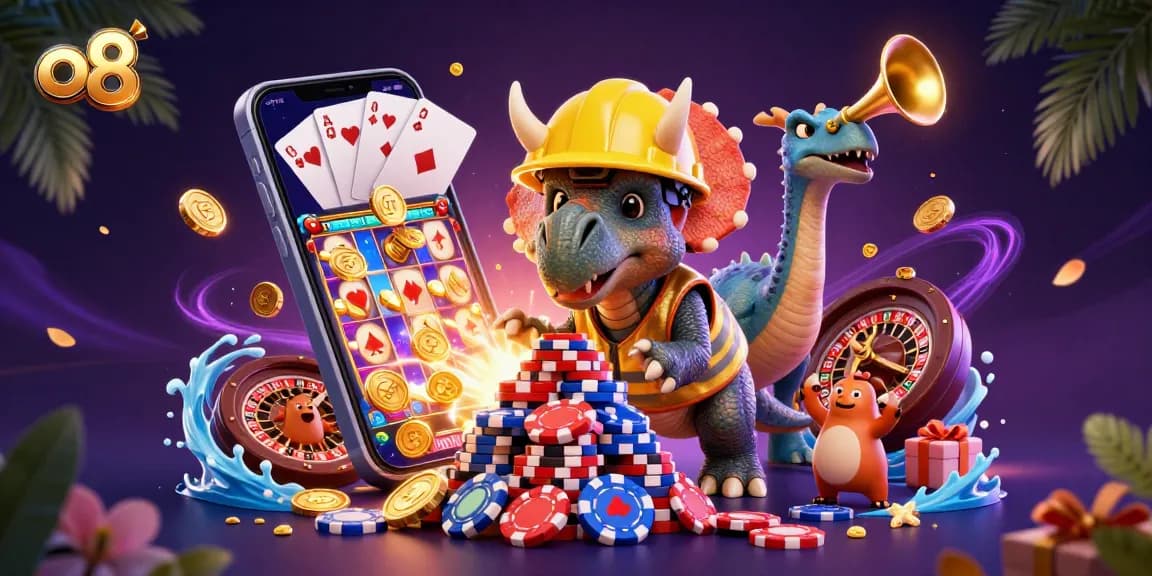 Win with O8 as cartoon dinosaurs build a casino chips pyramid amid vibrant gaming elements.