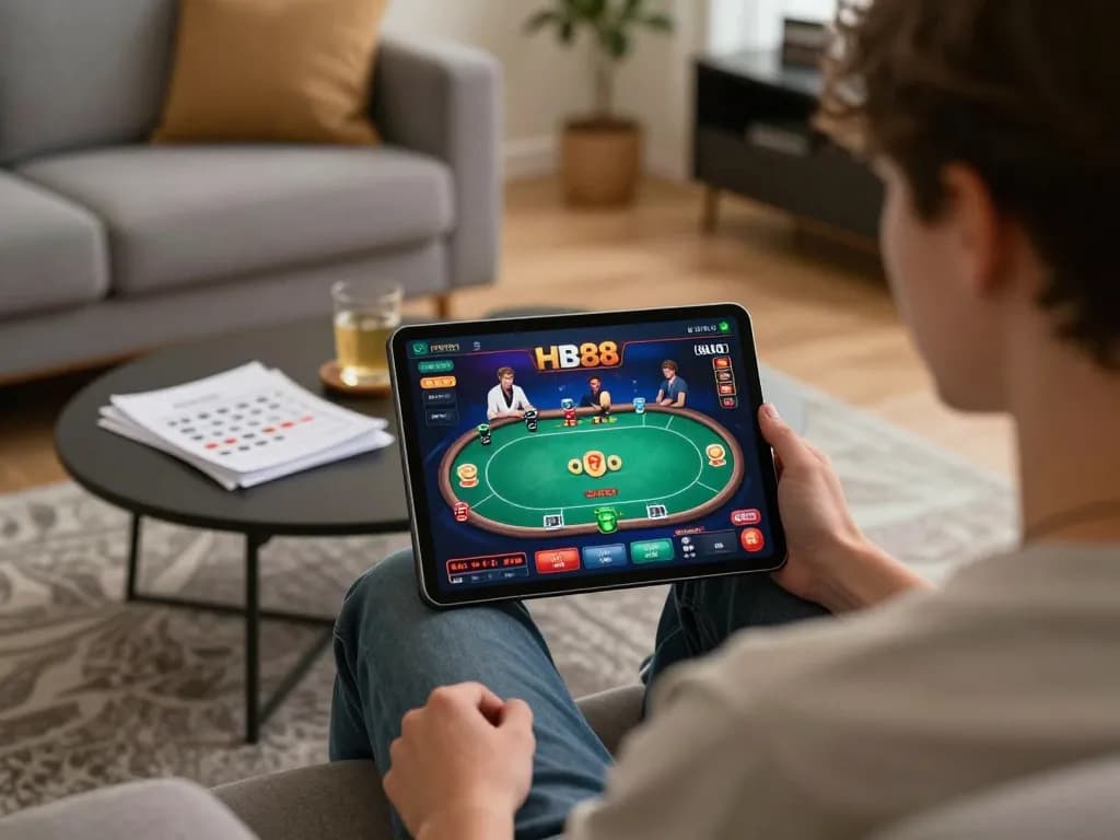 HB88 player engaged in online casino gaming on a tablet, showcasing poker game action in a cozy home setting.